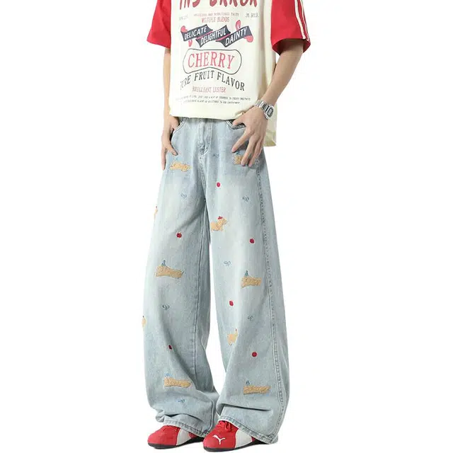 沃马 美式复古百搭舒适时尚时髦休闲牛仔裤 男女同款 蓝色