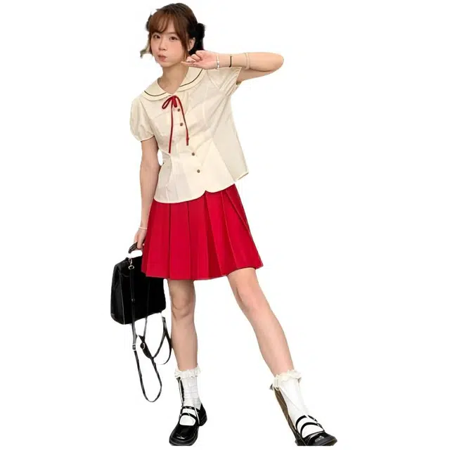 天才小熊 学院风甜美泡泡袖减龄娃娃领衬衫百褶短款半身裙女两件套裙装套装  女款