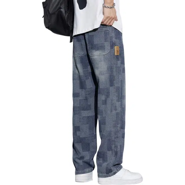 么宁 格子条纹美式复古宽松直筒星空纹简约百搭舒适透气潮流时尚个性痞帅牛仔裤 男女同款