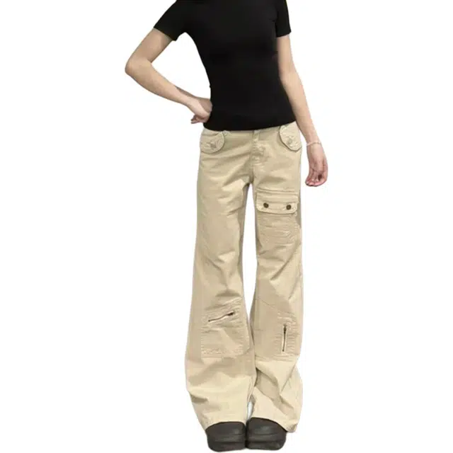 如续 美式复古高街多口袋工装设计户外机能伐木裤高腰修身显瘦拖地休闲微喇叭牛仔裤 女款