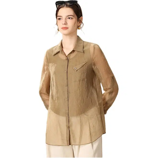 粉红玛琍 长袖外衣打底背心两件套衬衫套装 女款 秋香黄