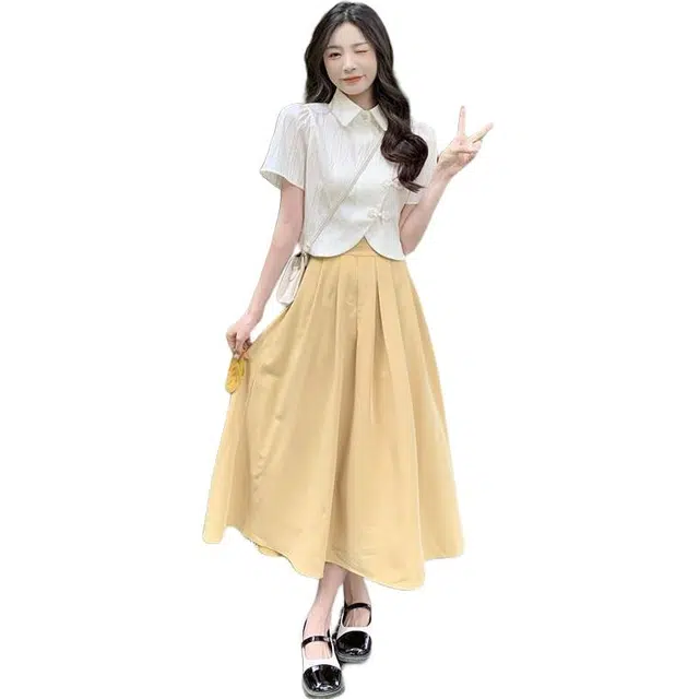 哒头下雨不愁 不规则短款衬衫女夏季新中式盘扣设计感修身显瘦短袖裙装套装 女款