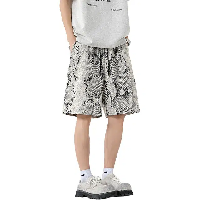 佐菲利 美式高街小众高级感宽松直筒五分抽绳迷彩休闲短裤 男女同款 蛇纹白