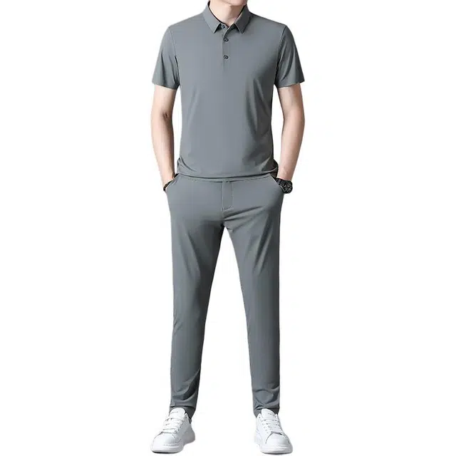 大白鲨 西裤短袖翻领纯色冰丝长裤两件套休闲运动套装 男款