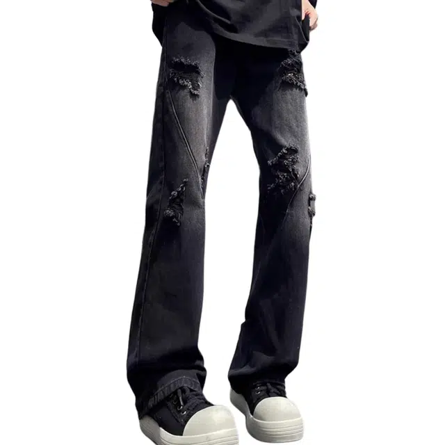 沐诚阳译 做旧高街美式破洞裤子宽松潮牌微喇夏季长裤牛仔裤 男款