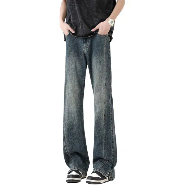 颂希尔 美式复古高街微喇夏季薄款宽松休闲直筒设计感长裤阔腿牛仔裤 男女同款