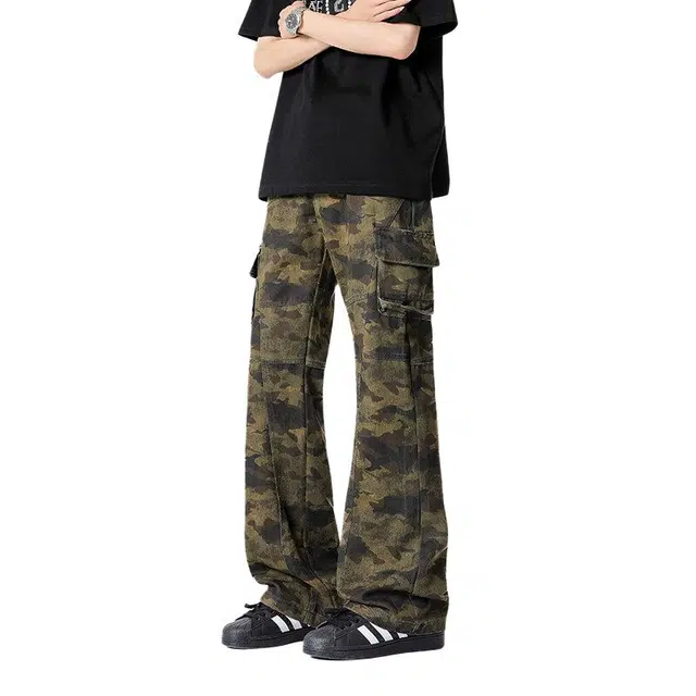 佐菲利 美式微喇迷彩裤子潮牌多口袋设计感工装伐木裤高街微喇牛仔裤 男女同款
