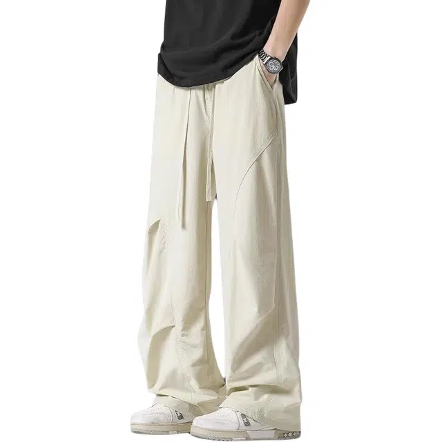 隐狼世家 薄款美式潮牌褶皱工装垂感直筒宽松运动休闲裤 男款