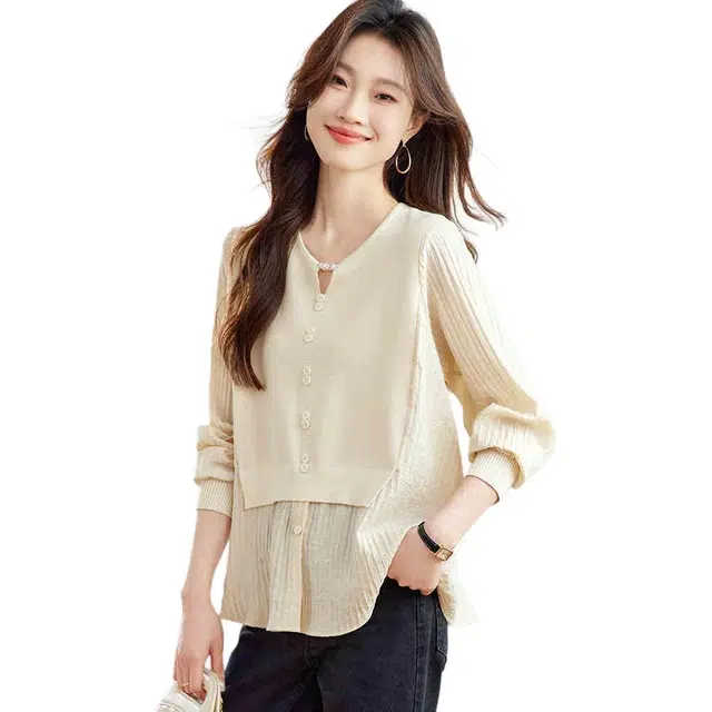 曲韩 圆领纯色套头长袖衬衫 女款