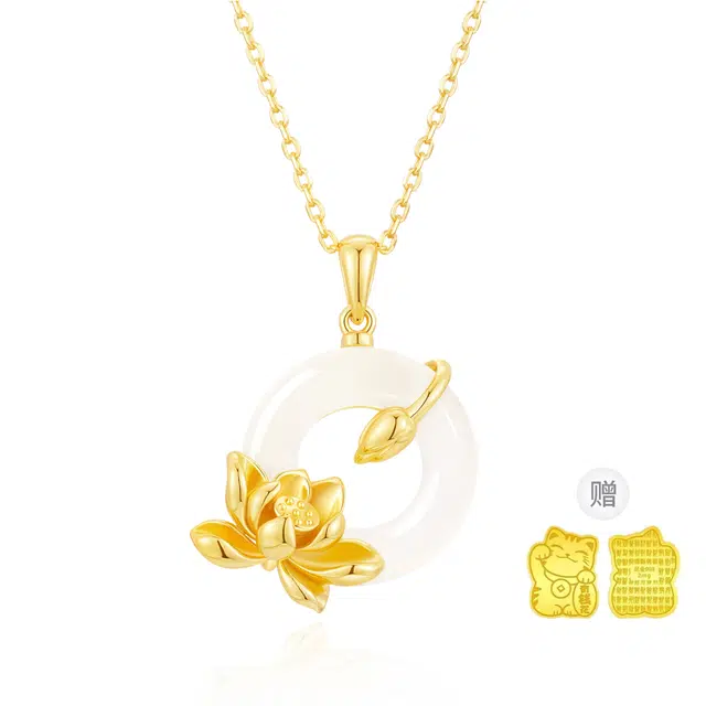 中国黄金 珍·尚银 荷塘月色 好运连连莲花平安扣吊坠  新中式 轻奢小众锁骨链 送礼 玉髓 项链 女款