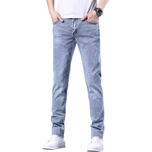 潮人榜 高端夏季薄款浅色修身小脚弹力长裤美式潮牌休闲百搭痞帅直筒牛仔裤 男款