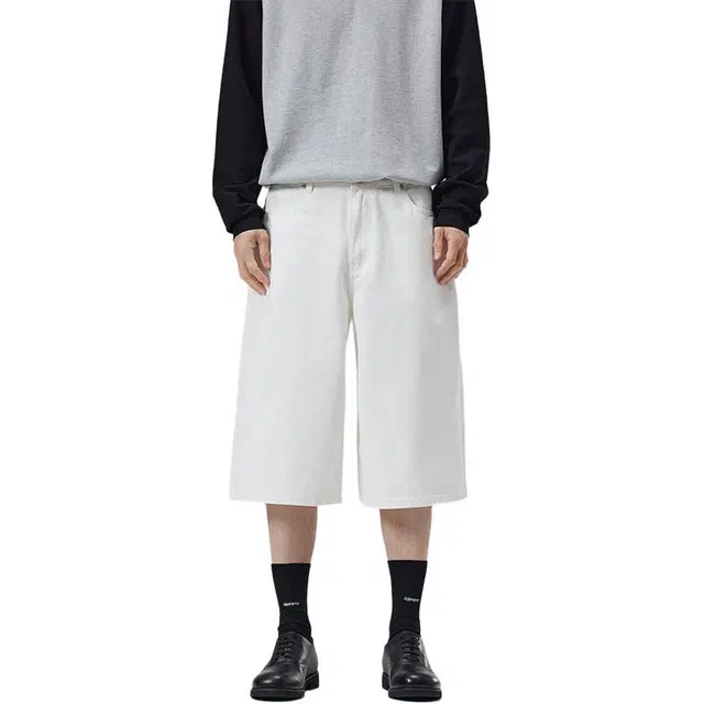 宝米卡 宽松阔腿百搭休闲牛仔短裤 男女同款 米白色