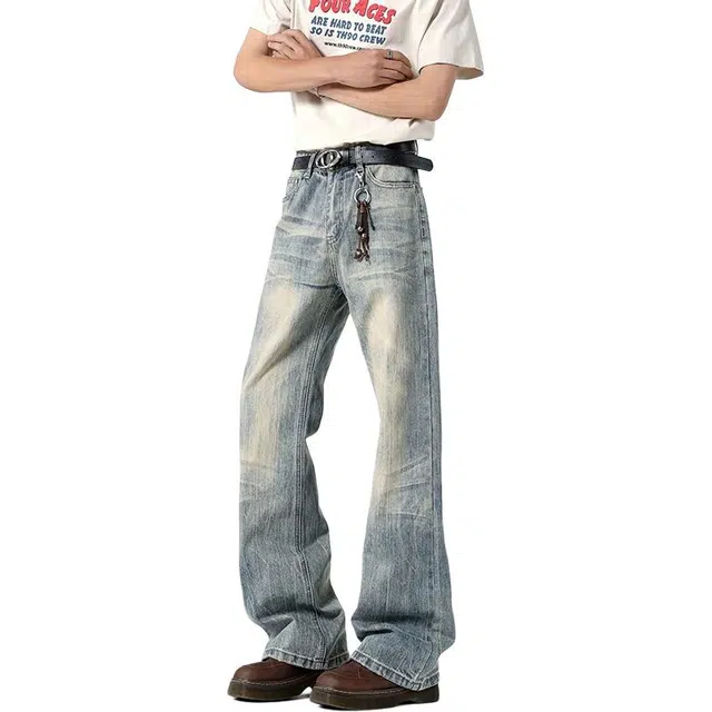 沃马 美式高街潮流水洗做旧废土风闪电纹宽松弯刀牛仔裤 男女同款