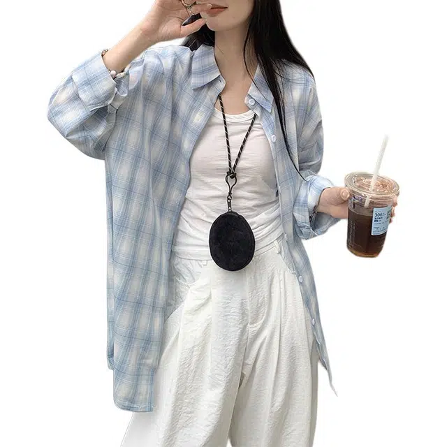 么宁 格子衫长袖宽松慵懒风开衫外套防晒上衣学生日常基础款透气衬衫 女款