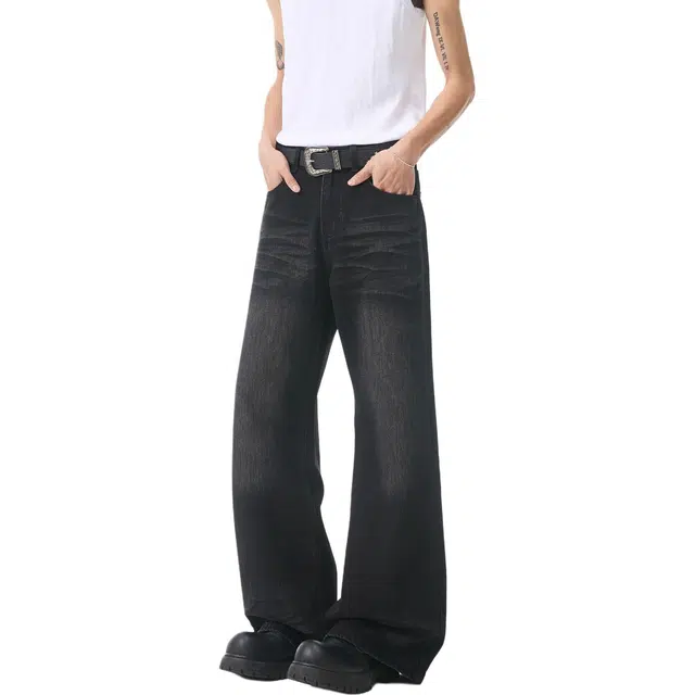 隐狼世家 水洗美式高街潮流痞帅复古宽松直筒牛仔裤 男款