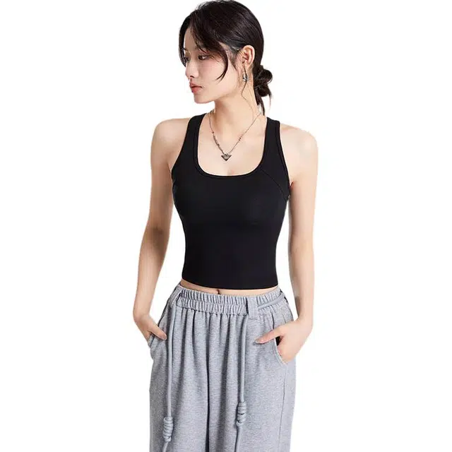 善己 纯色交叉美背内衣文胸一体带胸垫吊带内搭外穿修身背心 女款