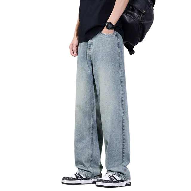 协协乐 高街宽松直筒阔腿潮牌美式复古水洗休闲百搭通勤纯色牛仔裤 男款