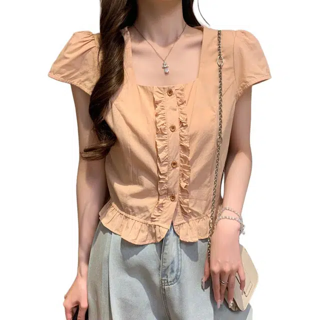 沐晓欣 方领甜美时尚减龄短款短袖衬衫 女款