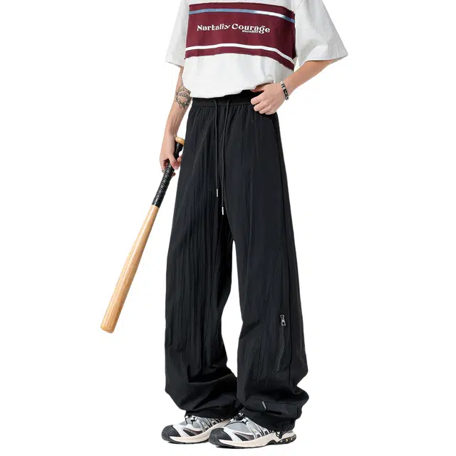 哲源 美式高街凉感顺滑侧边拉链设计直筒大码垂感长裤户外通勤基础款简约纯色舒适薄款透气宽松百搭运动休闲裤 男女同款