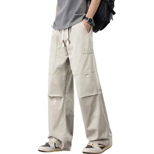 瑞梵帝斯 美式多口袋伞兵裤高街褶皱痞帅休闲阔腿宽松四季可穿运动舒适透气百搭日常通勤柔软亲肤垂感直筒裤工装裤 男款