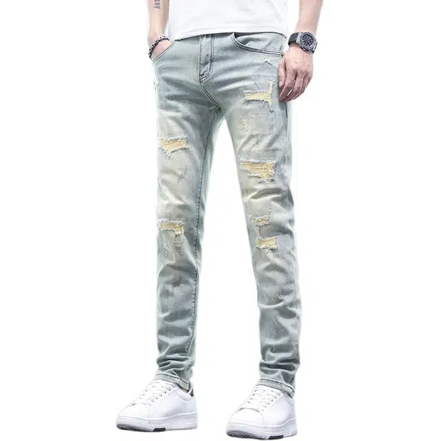 吉肯蒂 九分潮流裤子夏季薄款复古破洞潮牌痞帅流行百搭小脚裤牛仔裤 男款