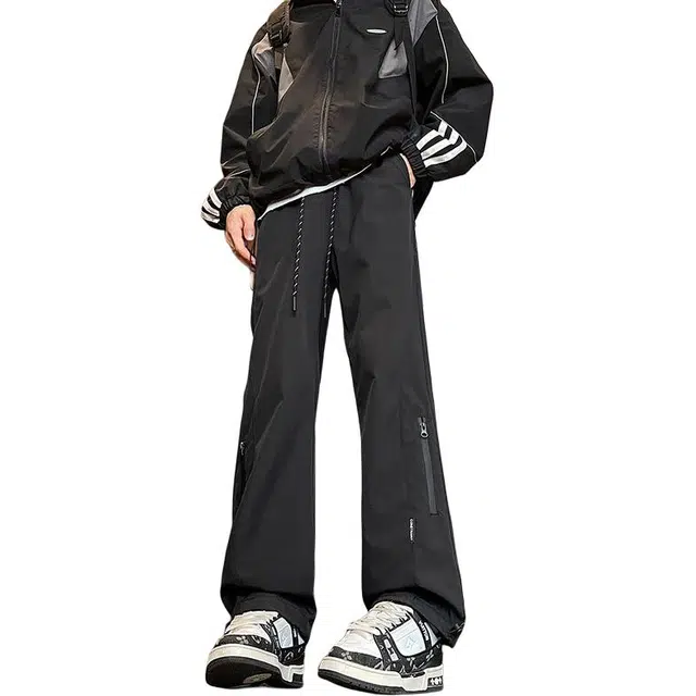 八哥 美式城市机能侧边拉链高街设计款中腰松紧系带显高宽松百搭防风户外通勤长裤卫裤伞兵弯刀微喇休闲裤 男女同款