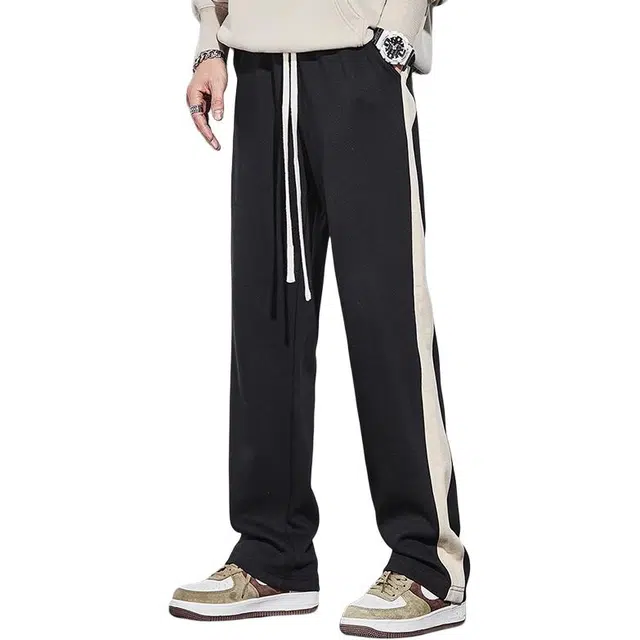 童先森 薄款直筒宽松垂感条纹撞色拼接拖地休闲裤 男款