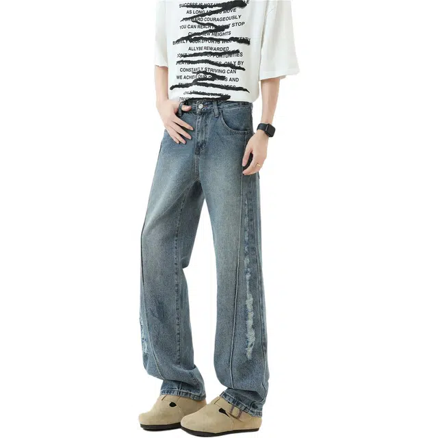 宝米卡 美式高街潮牌字母宽松直筒牛仔裤 男女同款