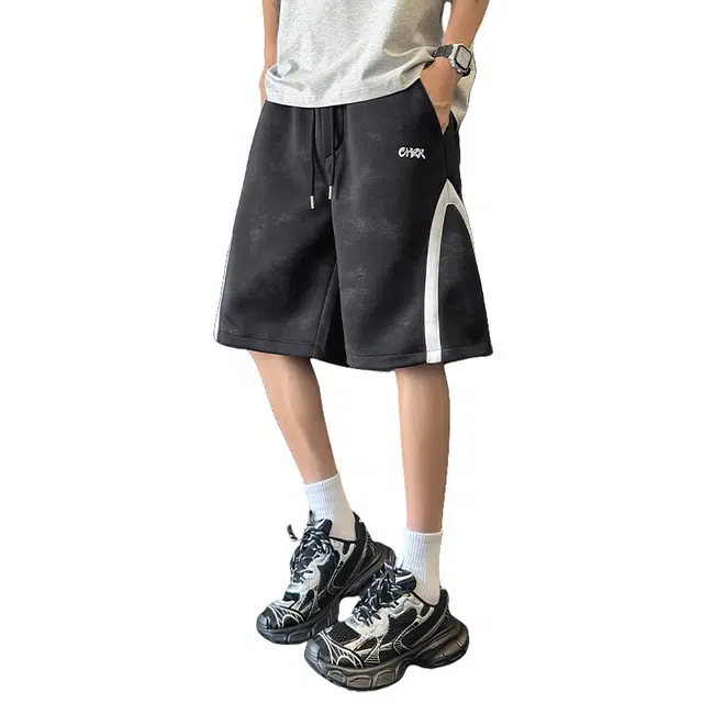 加荣 美式设计宽松大码拼接刺绣五分裤潮牌休闲短裤 男女同款