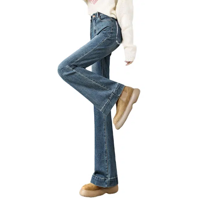 惟熙 复古弹力高腰喇叭牛仔裤 女款 怀旧蓝