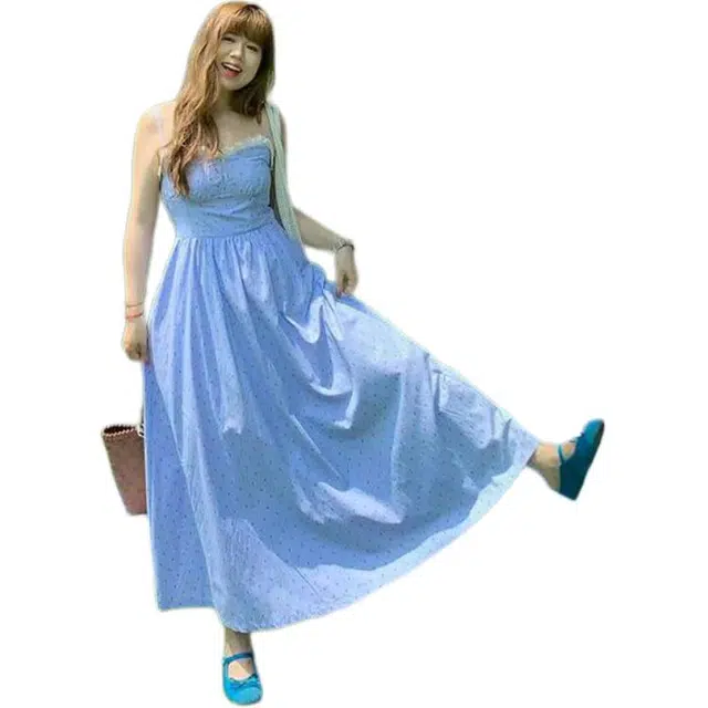 米米子 甜美波点蕾丝拼接无袖吊带连衣裙 女款