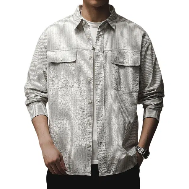 贵色 夏季 痞帅衬衣宽松高端美式泡泡肌理条纹高级感复古潮牌长袖衬衫 男女同款