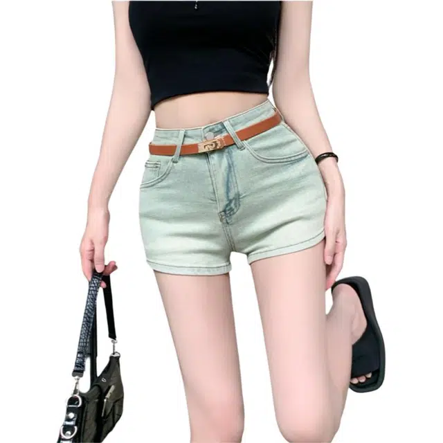 沐晓欣 纯色合身适中高腰修身牛仔短裤 女款