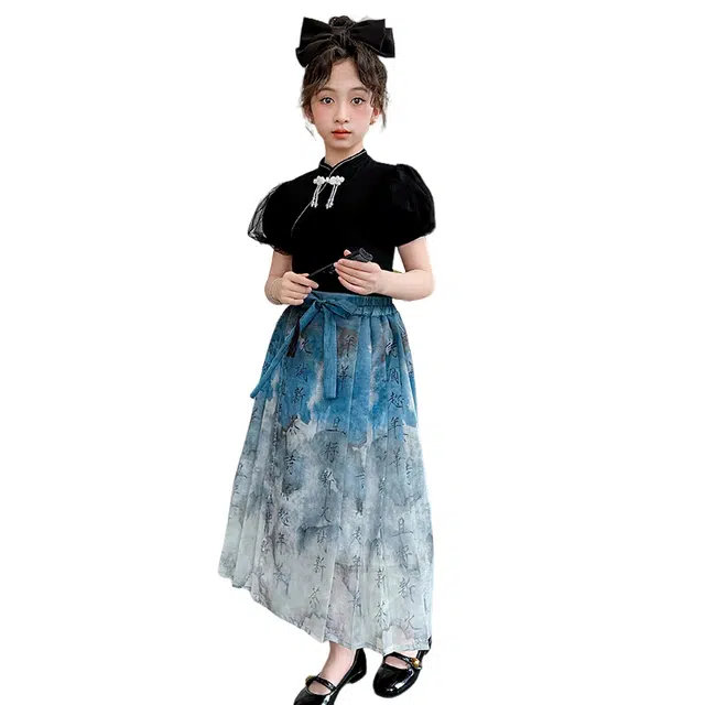 浪莎汉服 时尚百搭立领短袖上衣潮流长裙 黑色 青少年