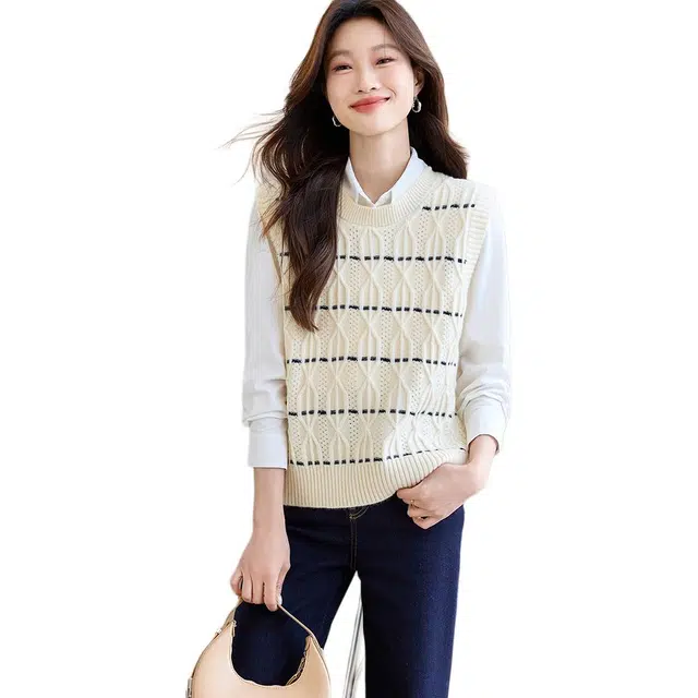 曲韩 圆领条纹短款背心 女款 米色