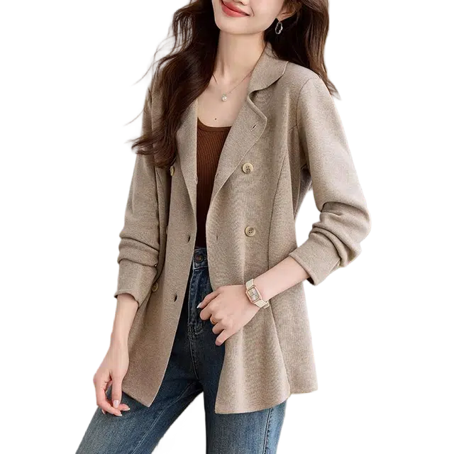 曲韩 时尚休闲双排扣纯色合身长袖夹克外套 女款