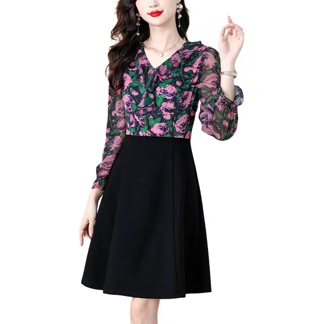 水中花 法式复古碎花拼接假两件别致气质收腰显瘦长袖连衣裙 女款