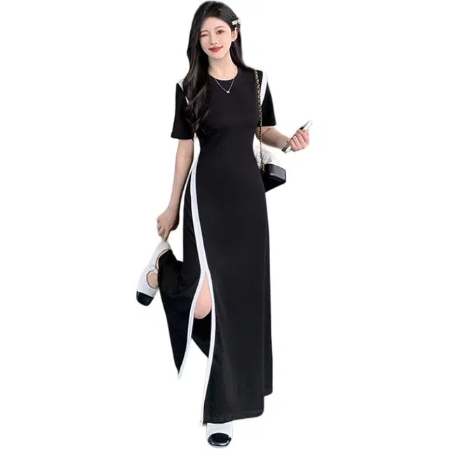 水中花 法式优雅简约设计感通勤气质长裙撞色拼接收腰显瘦圆领开叉短袖连衣裙 女款