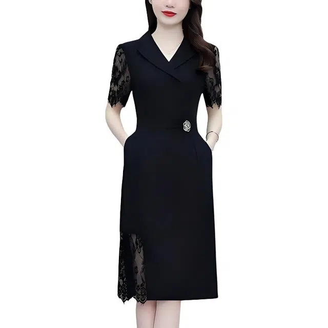 水中花 高级感拼接西装领女神范职业裙子短袖连衣裙 女款