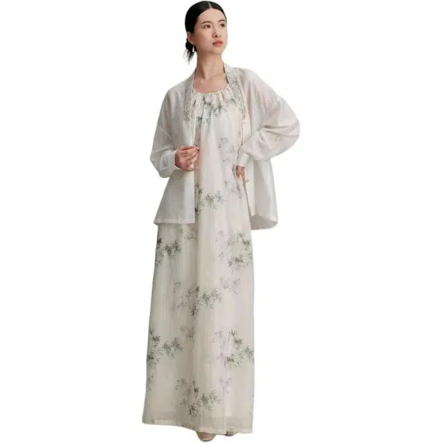 织造司 新中式水墨竹纹提花中长款吊带连衣裙 女款 杏色