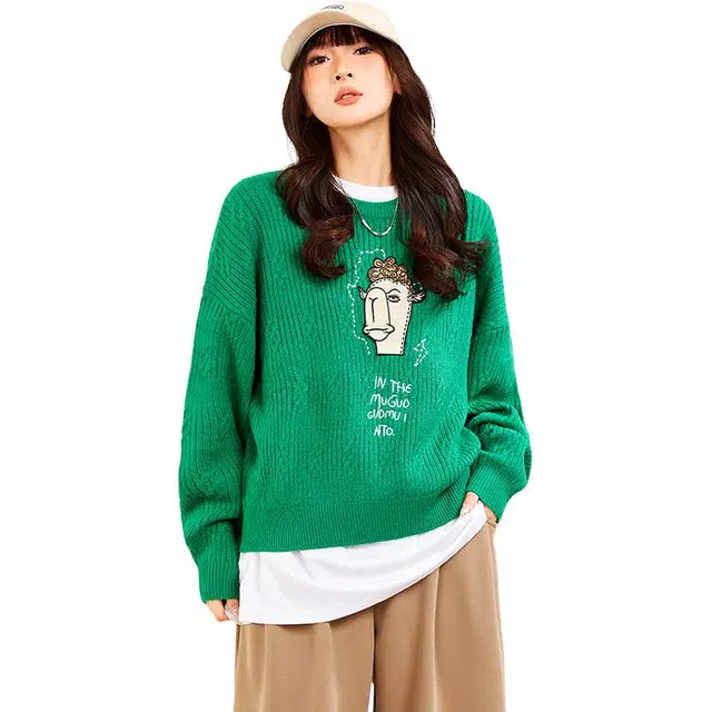 木果果木 卡通印花圆领套头针织衫 女款