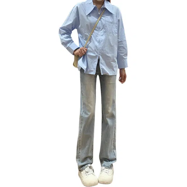 徐百货 美式窄版弯刀直筒裤夏季高腰修身显瘦不贴腿阔腿烟管长裤子牛仔裤 男女同款