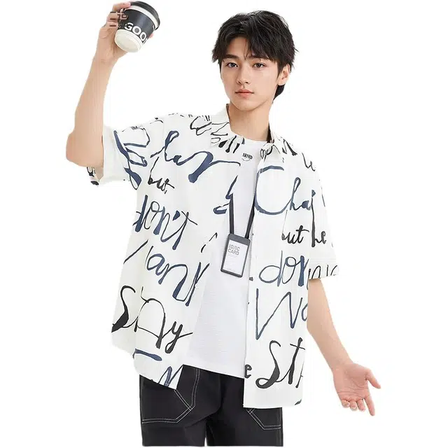 三福 字母印花短款时尚短袖翻领衬衫 男款