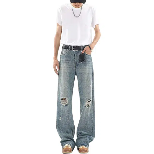 佐菲利 美式潮牌复古休闲宽松做旧直筒微喇牛仔裤 男女同款