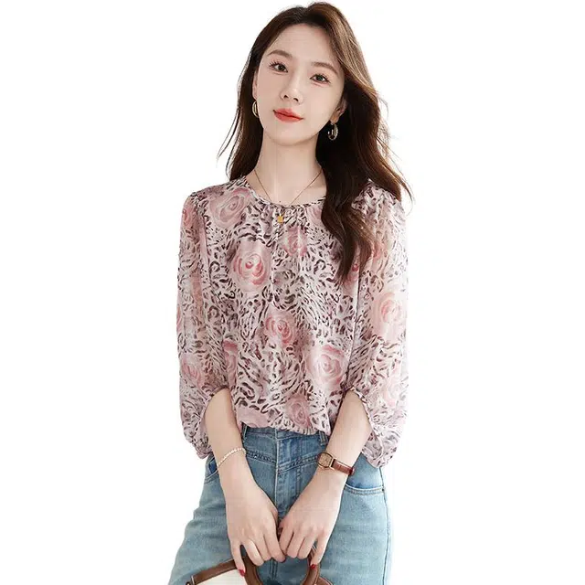 水墨佳人 圆领合身七分袖高级印花长袖衬衫 女款