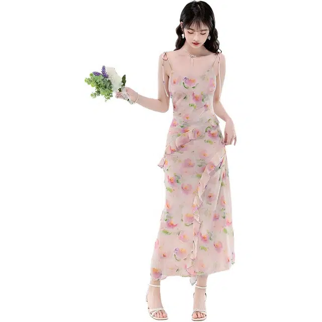 沐晓欣 法式优雅氛围感植物花卉系带荷叶边长款吊带连衣裙 女款