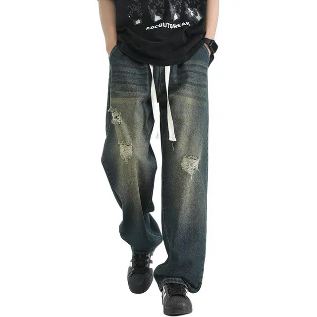 宝米卡 直筒破洞运动长裤宽松潮流复古阔腿裤牛仔裤 男女同款