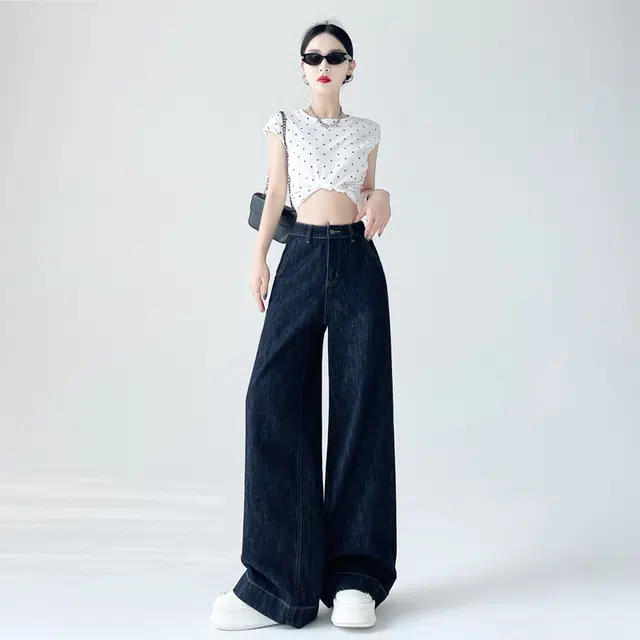 玫丝朵 复古百搭高腰宽松阔腿拖地牛仔裤 女款