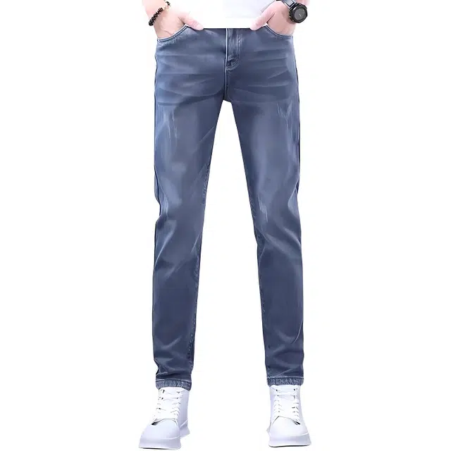 炳盛 薄款百搭潮流蓝色修身直筒时尚外穿弹力休闲长裤牛仔裤 男女同款