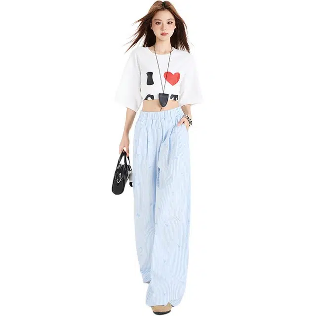 玫丝朵 法式慵懒风蝴蝶结刺绣条纹设计时尚百搭宽松直筒阔腿休闲裤 女款